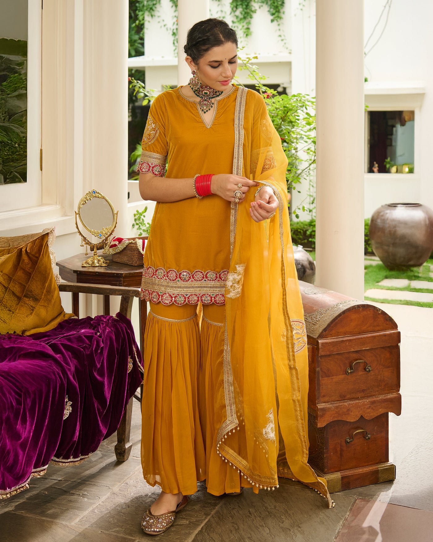 Kavi Yellow Embroidered Velvet Sharara Set