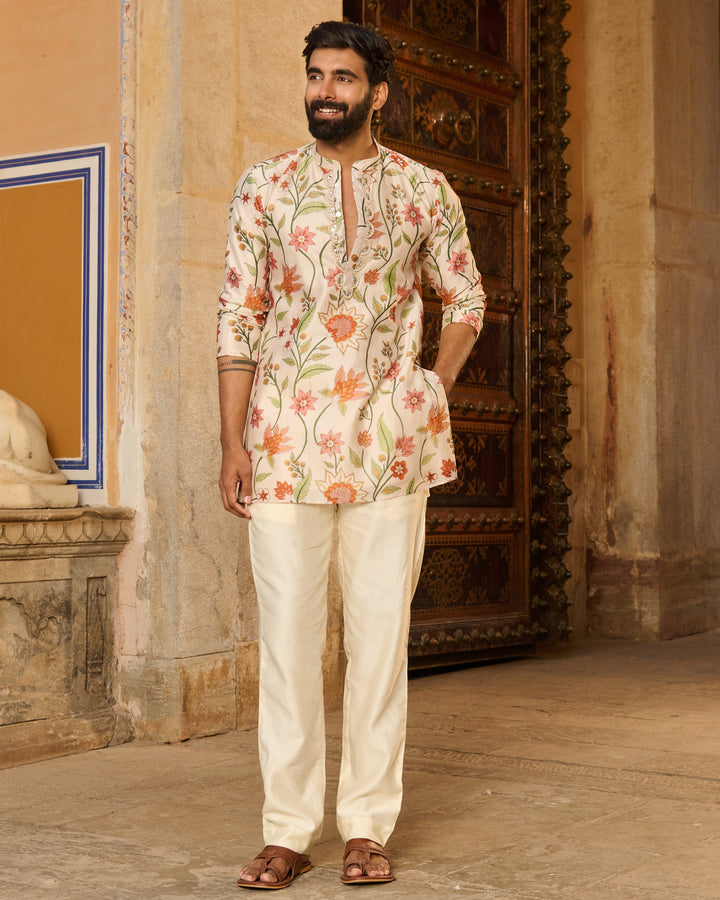 Atharv Ivory Printed Chanderi Kurta
