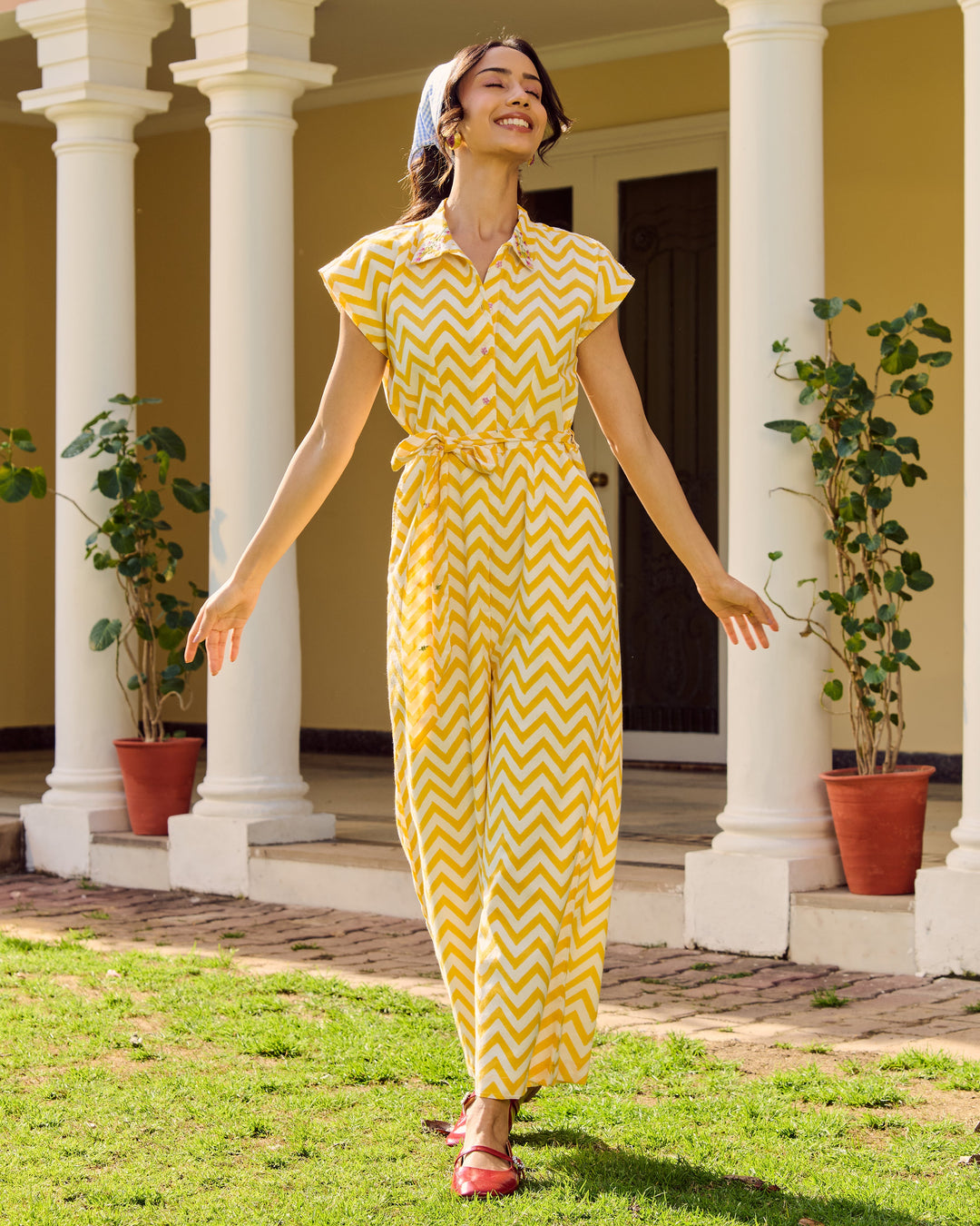 Ella Yellow Embroidered Cotton Printed Jumpsuit