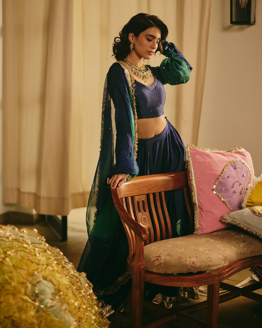Varnesha Blue Handpainted Chanderi Lehenga Set