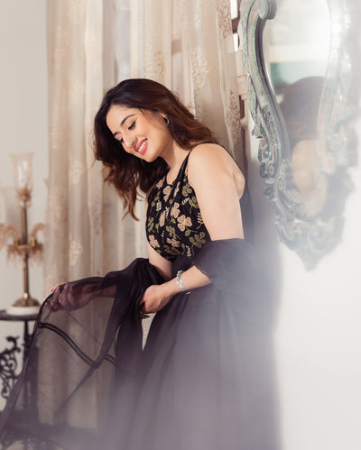Shadow Black Embroidered Cotton Suit Set