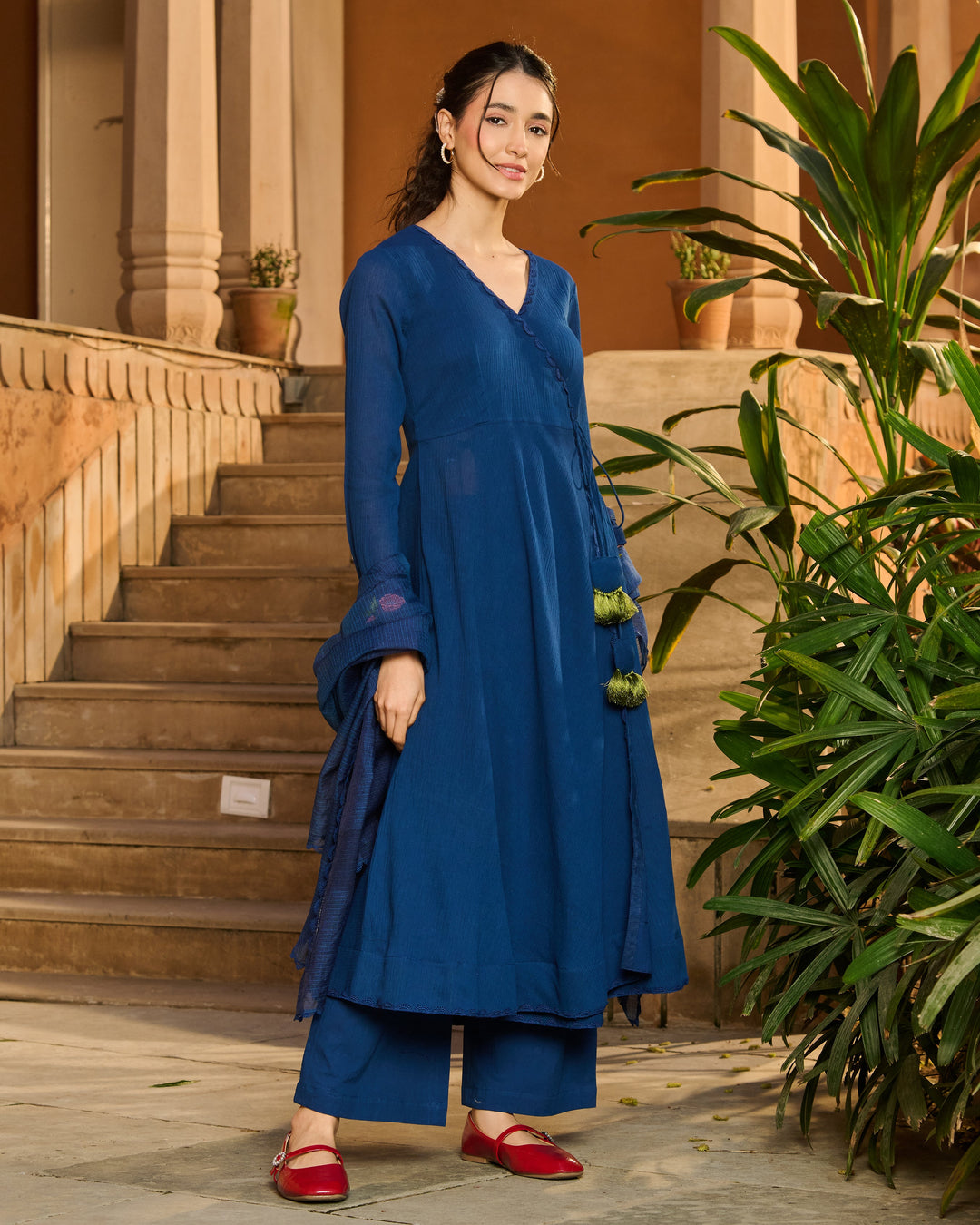 Spark Blue Embroidered Cotton Crush Suit Set