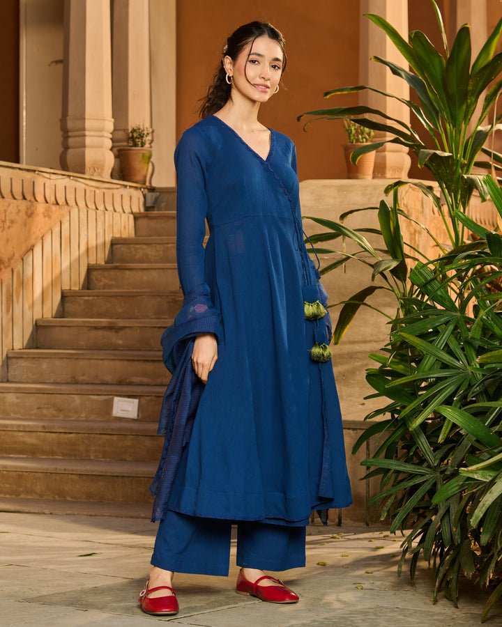 Spark Blue Embroidered Cotton Crush Suit Set