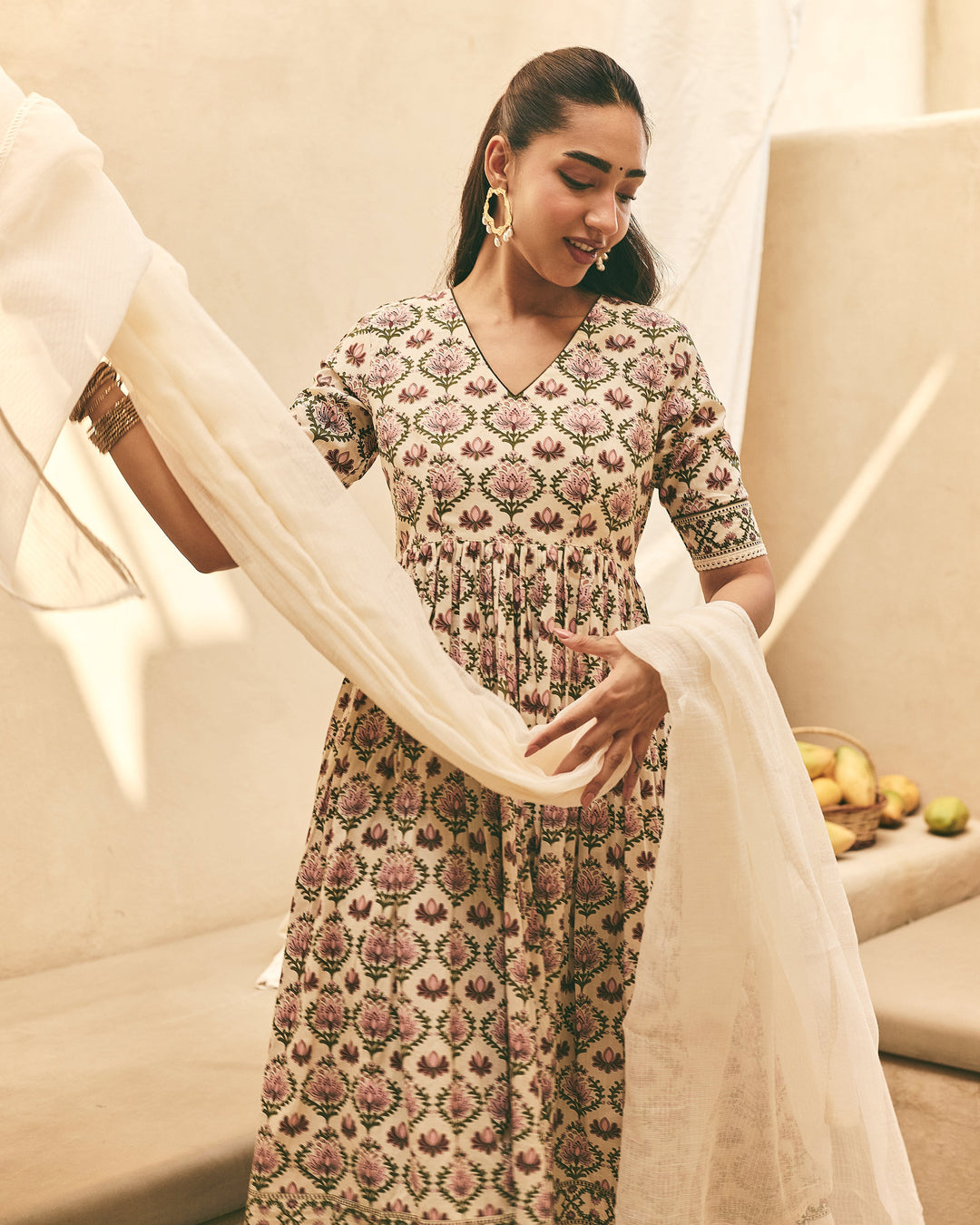 Zahana Beige Cotton Printed Suit Set