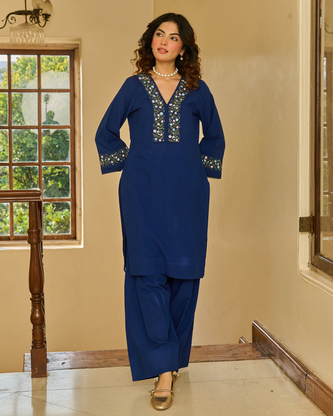 Ease Blue Embroidered Cotton Kurta Set