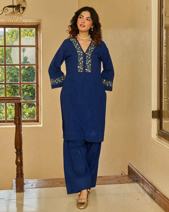 Ease Blue Embroidered Cotton Kurta Set