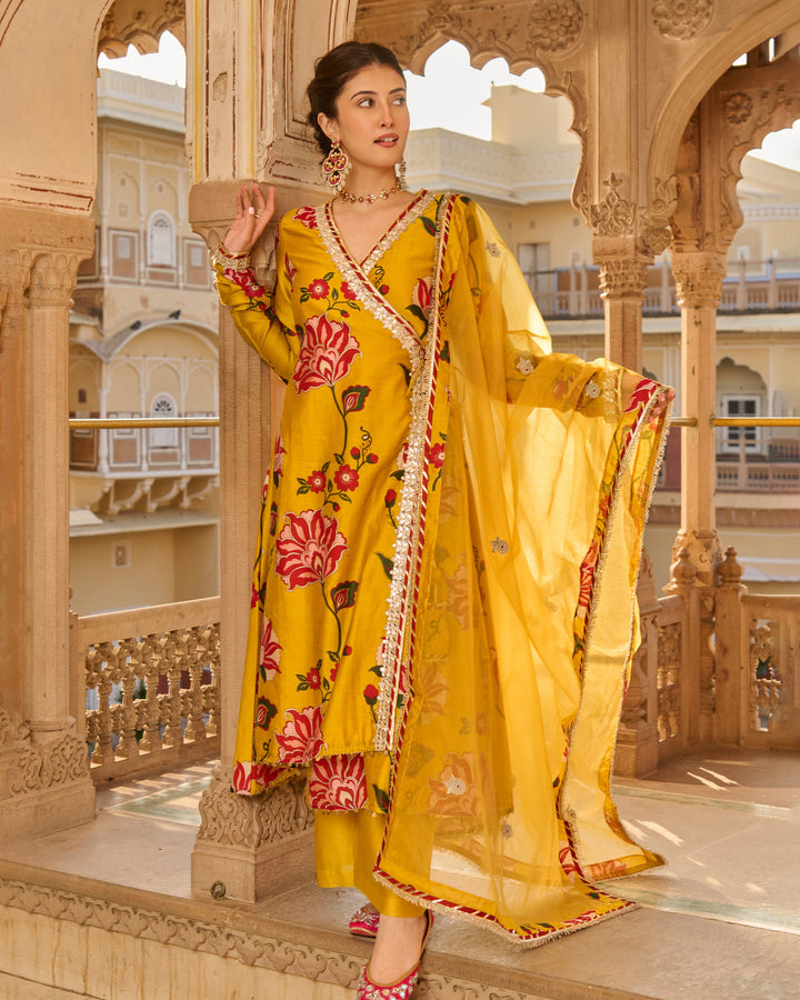 Sana Mustard Printed Chanderi Suit Set