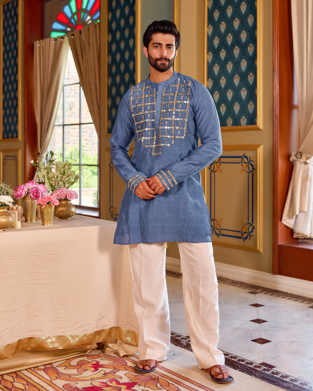 Tattva Blue Silk Embroidered Kurta