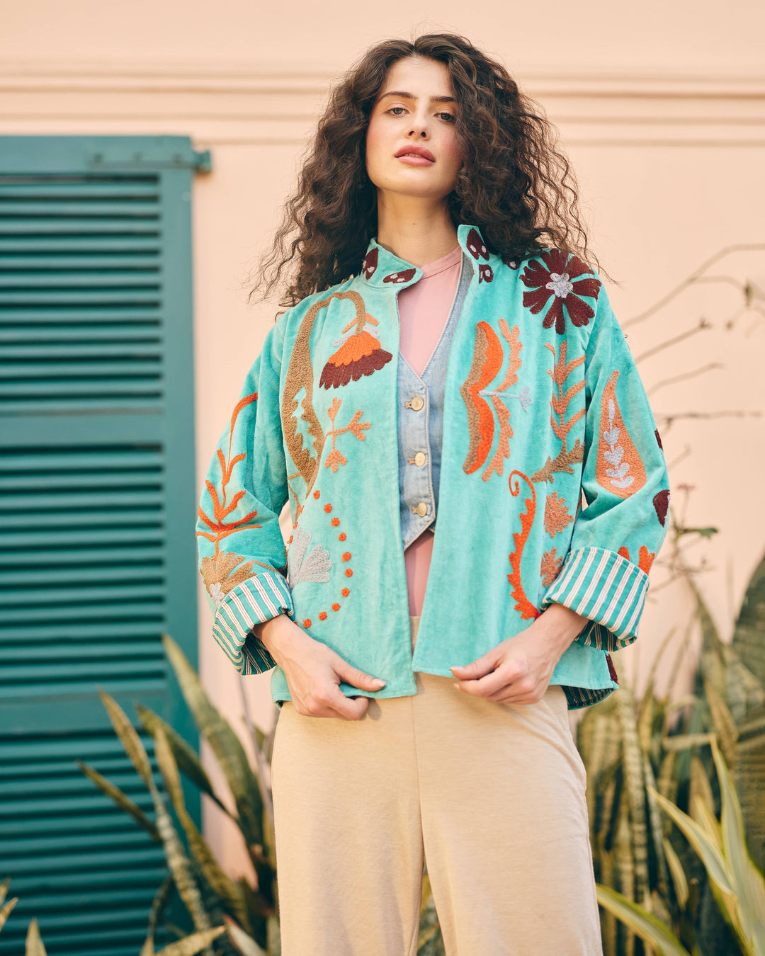 Aureline Sky Blue Velvet Suzani Jacket