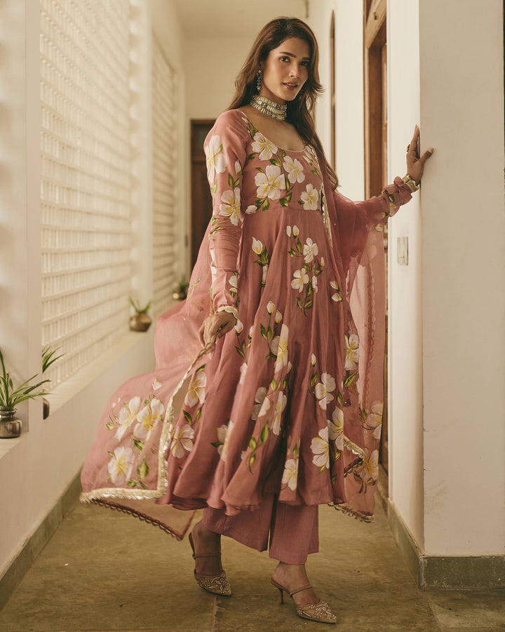Vamika Mauve Handpainted Viscose Organza Suit Set