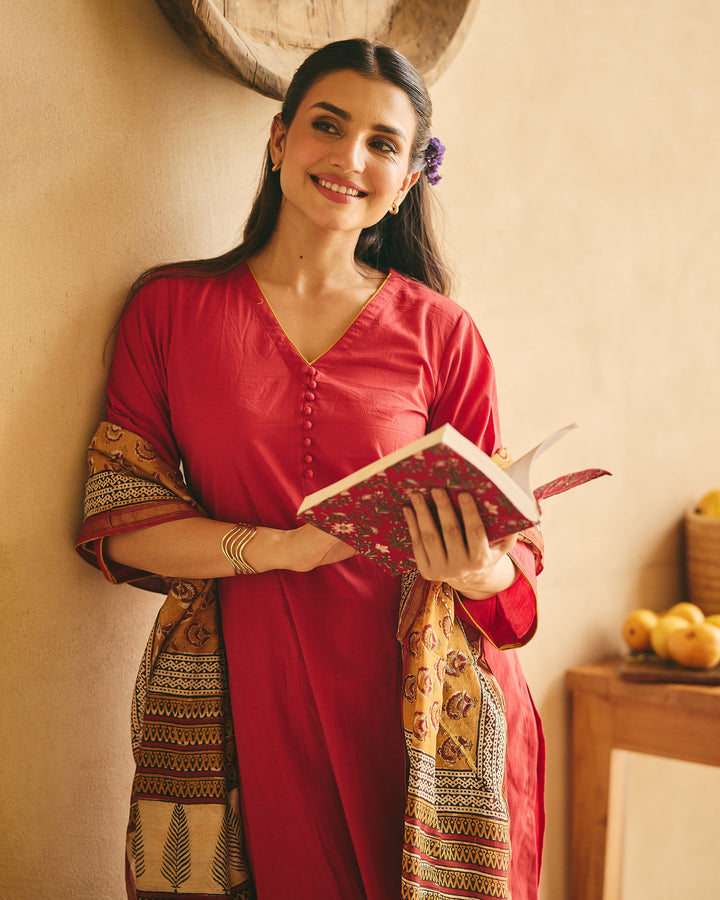 Ritika Maroon Cotton Printed Suit Set