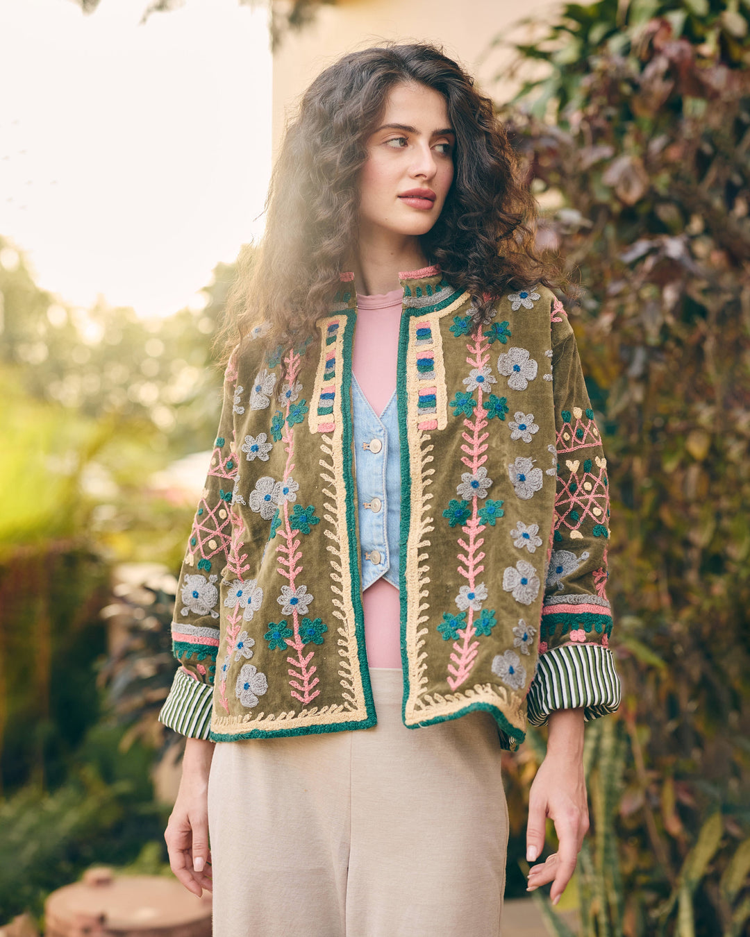 Verdora Olive Velvet Suzani Jacket