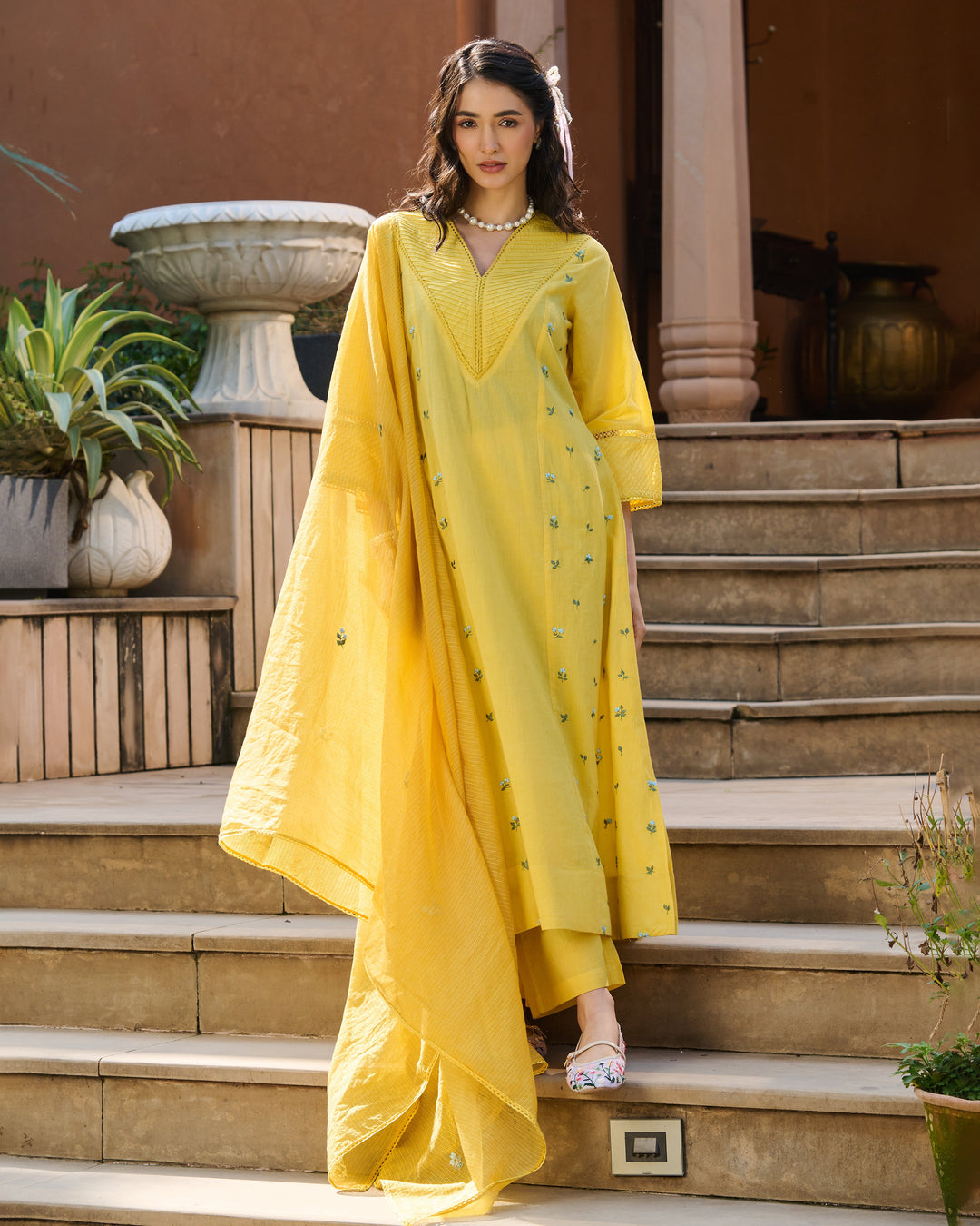 Serein Yellow Embroidered Cotton Suit Set