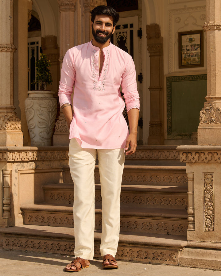 Samar Pink Embroidered Chanderi Solid Kurta