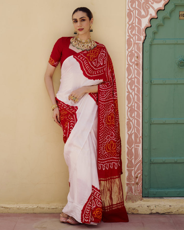 Champa White Kajol Bandhej Silk Saree