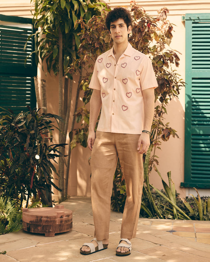 Pexo Peach Cotton Embroidered Printed Shirt