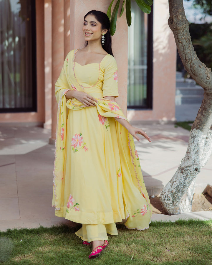 Aura Yellow Handpainted Chinon Suit Set