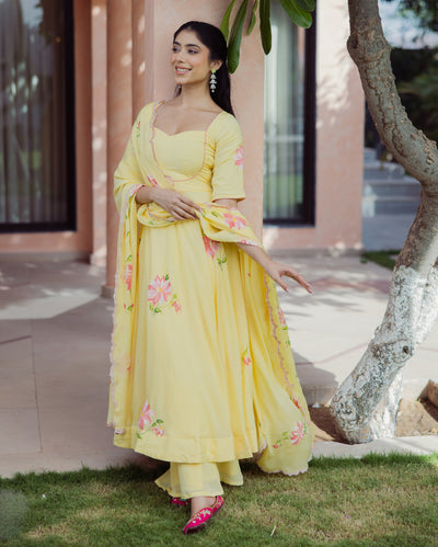 Aura Yellow Handpainted Chinon Suit Set