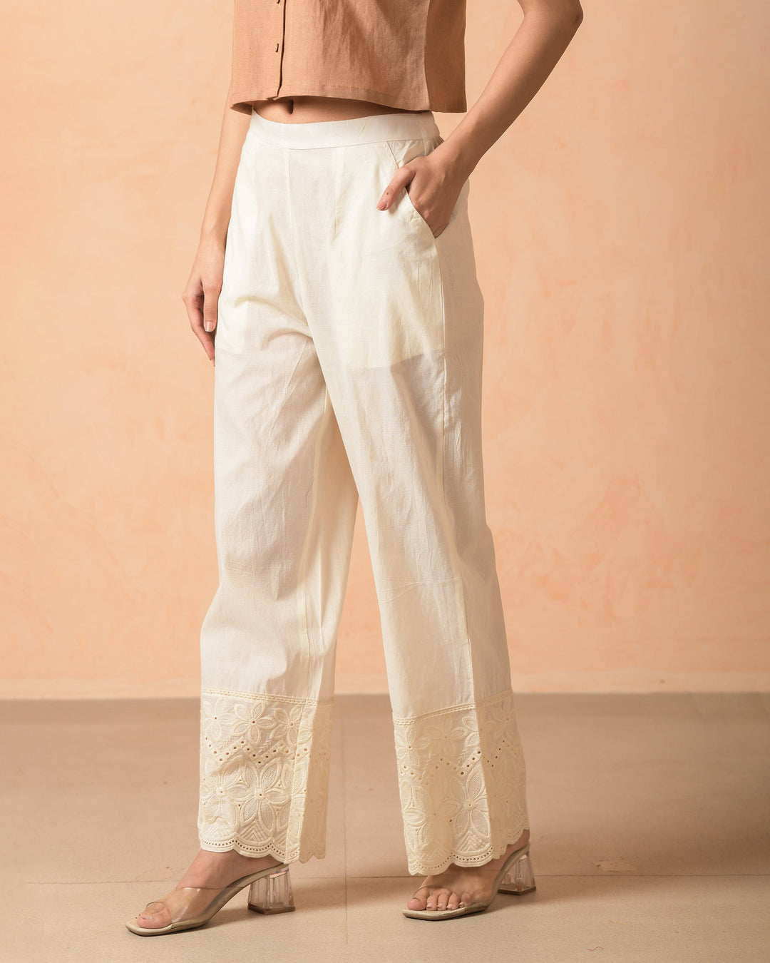Kairo Cream Cotton Solid Straight Pants