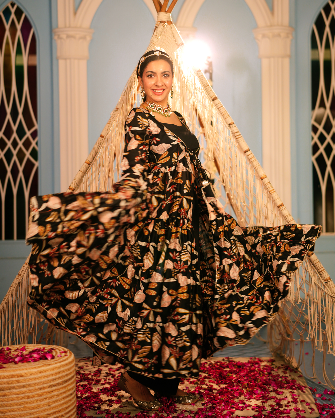 Jama Black Printed Chanderi Coord Set