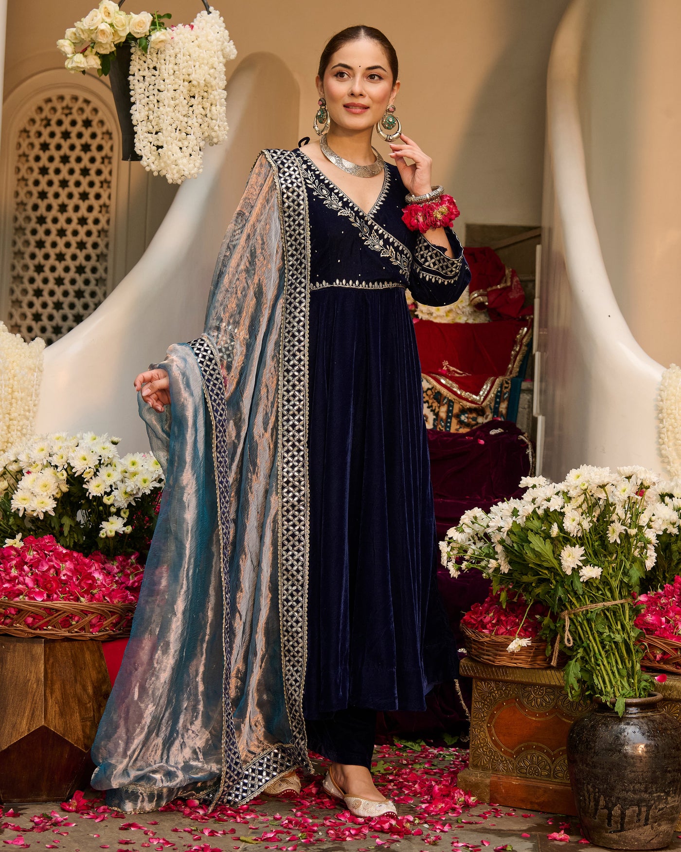 Arzu Blue Embroidered Velvet Suit Set