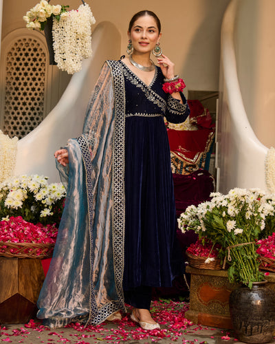Arzu Blue Embroidered Velvet Suit Set