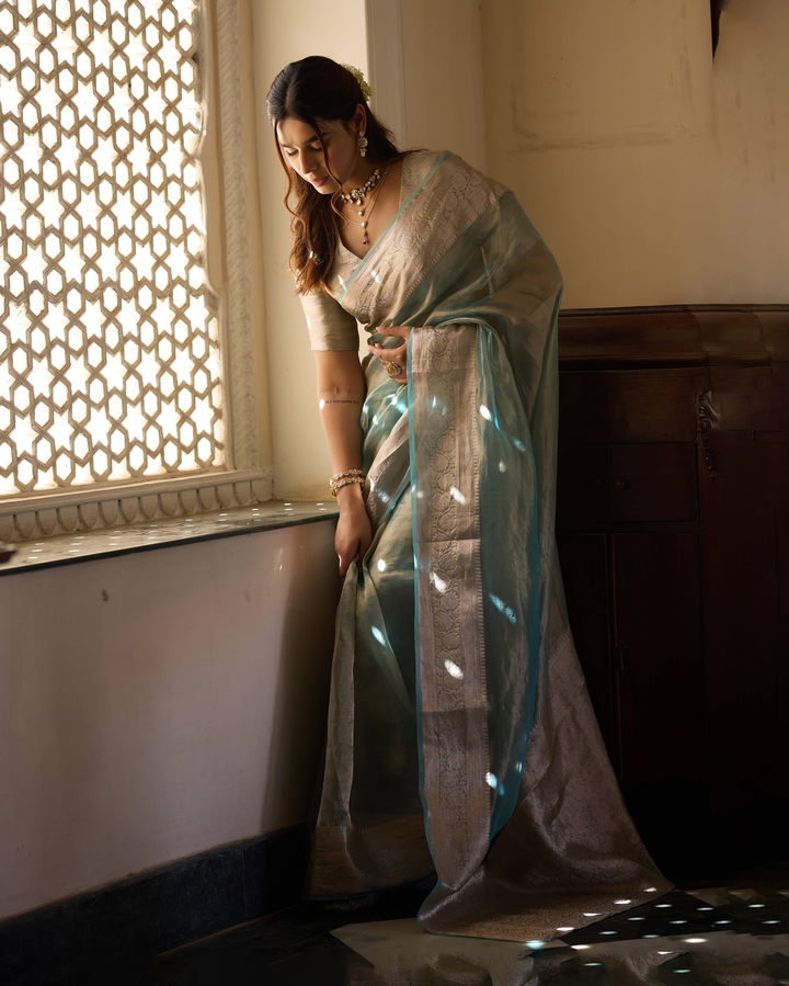 Rajni Sage Blue Solid Pure Tissue Saree