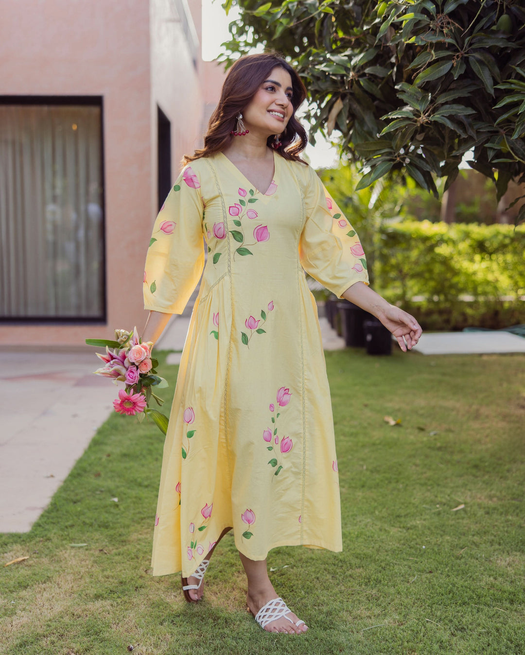 Kara Bloom Yellow Handpainted Cotton Dress