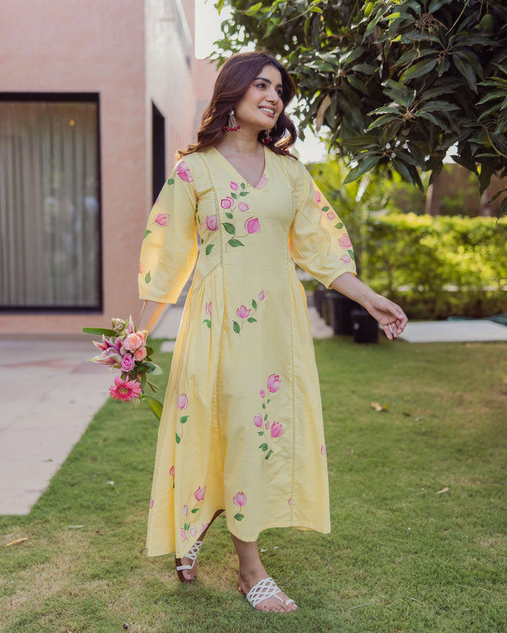 Kara Bloom Yellow Handpainted Cotton Dress