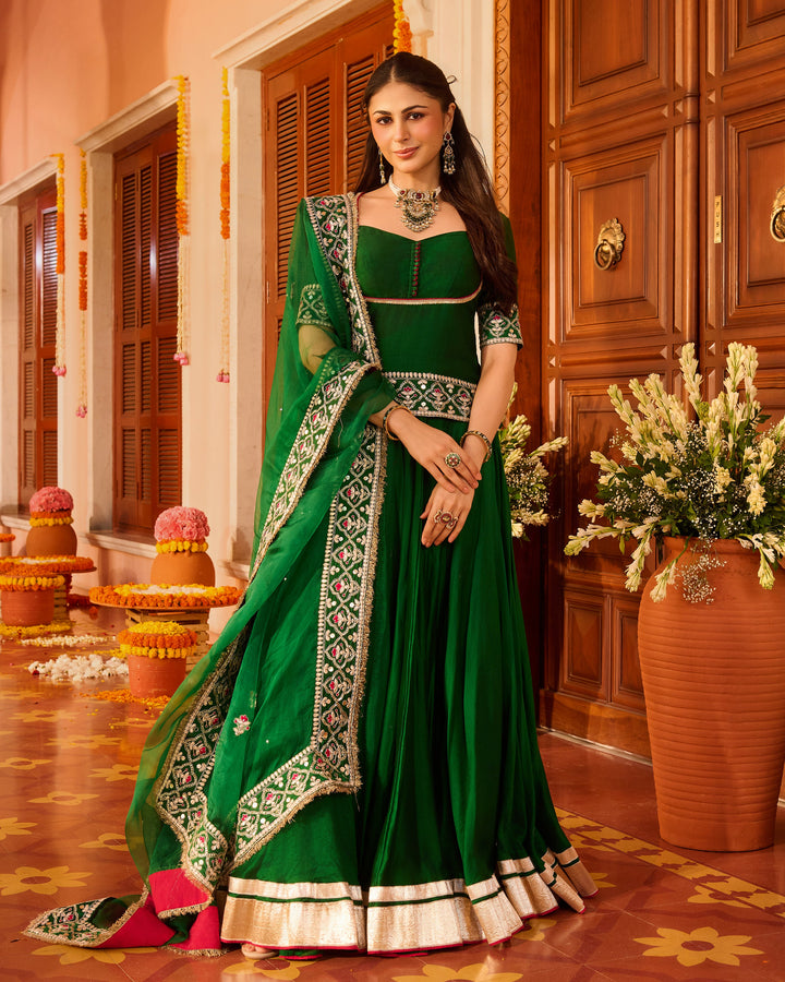 Rangoli Green Embroidered Chanderi Lehenga Set