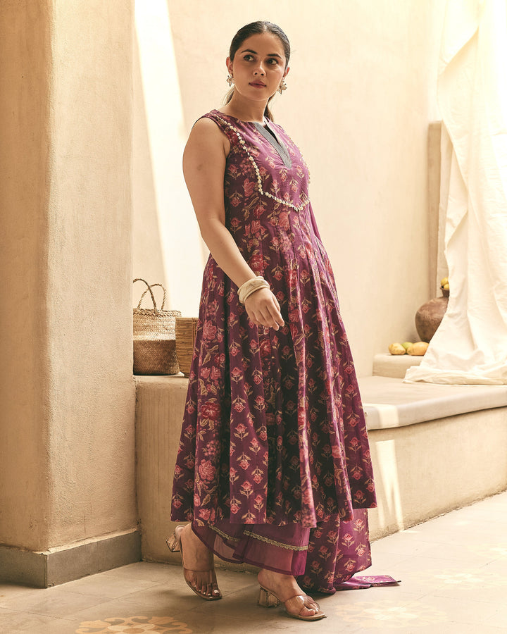 Inaya Purple Cotton Printed Suit Set