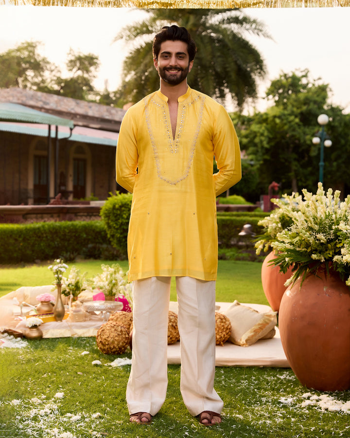 Kuber Yellow Chanderi Embroidered Kurta