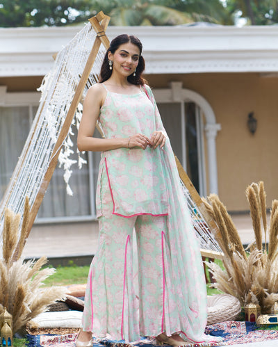 Kinaaz Sea Green Printed Georgette Sharara Set