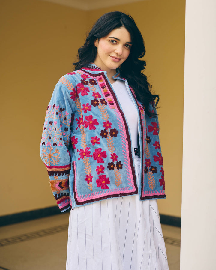 Cobalta Blue Velvet Suzani Jacket