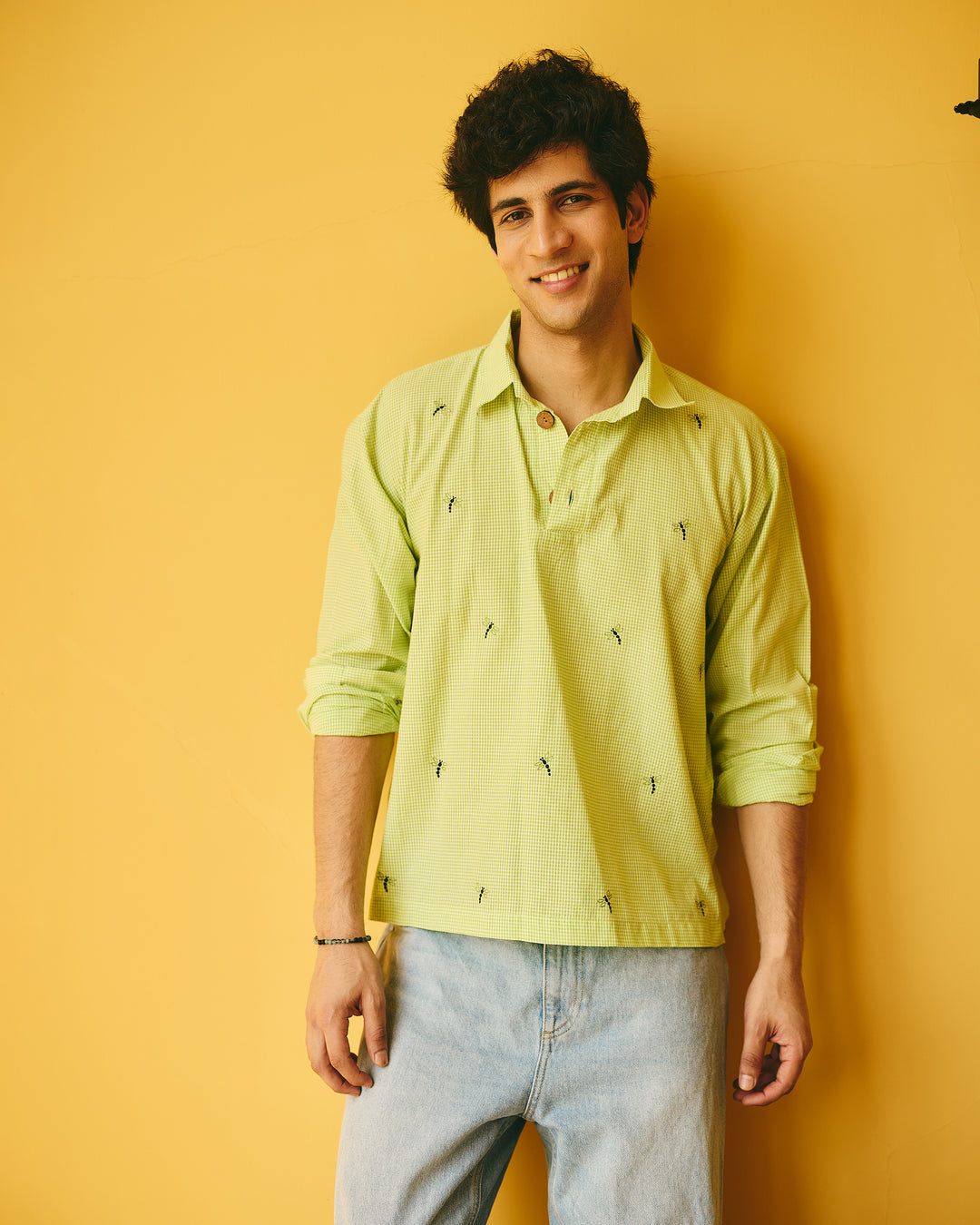 Zian Green Embroidered Cotton Checks Printed Shirt