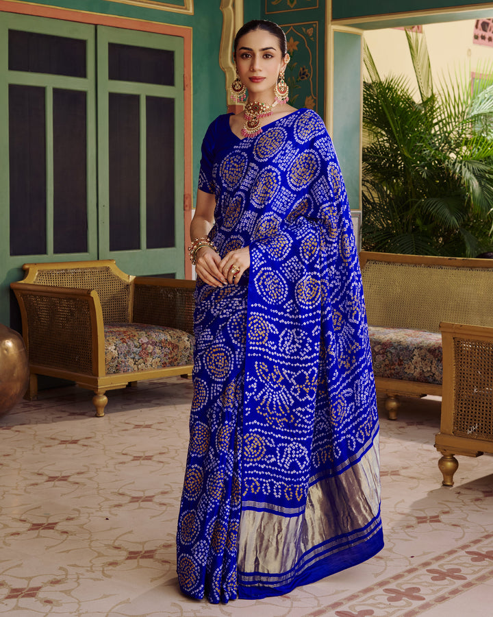 Phuhar Blue Bandhej Silk Saree