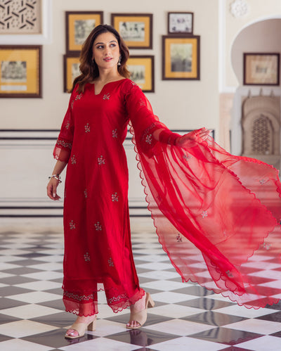 Radhika Red Embroidered Chanderi Suit Set
