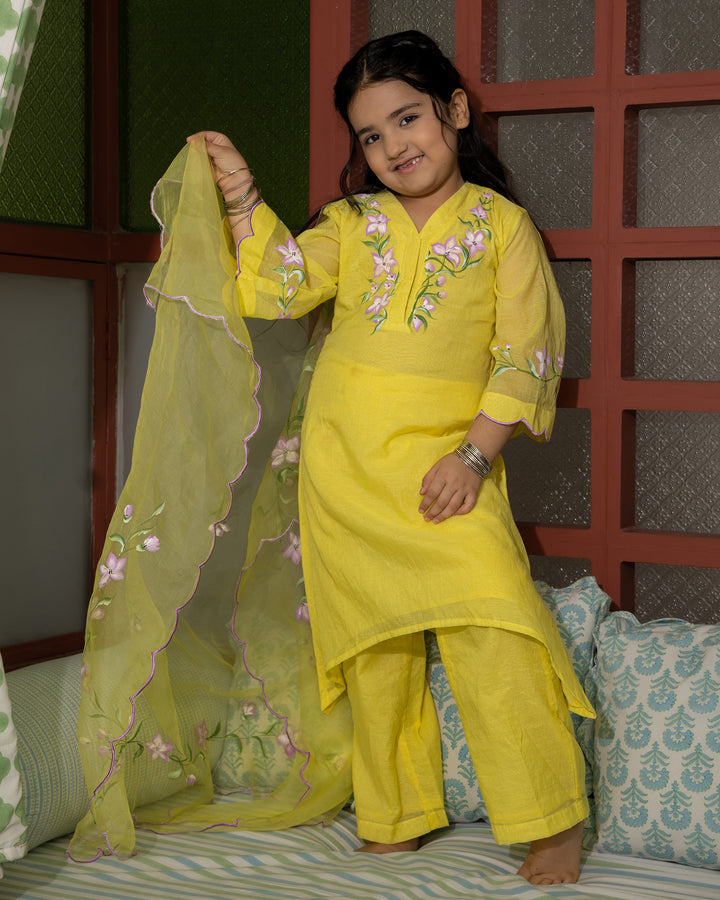 Calendula Yellow Handpainted Chanderi Suit Set