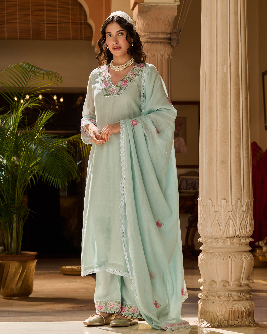Neer Blue Embroidered Chanderi Suit Set