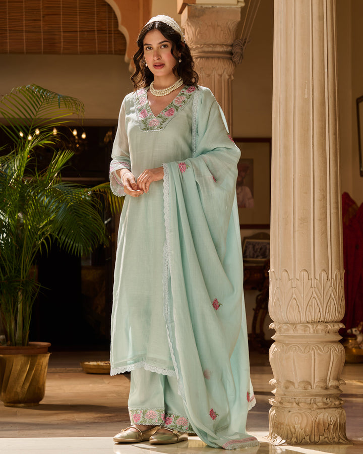 Neer Blue Embroidered Chanderi Suit Set