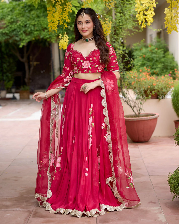 Gudhal Red Handpainted Crepe Lehenga Set
