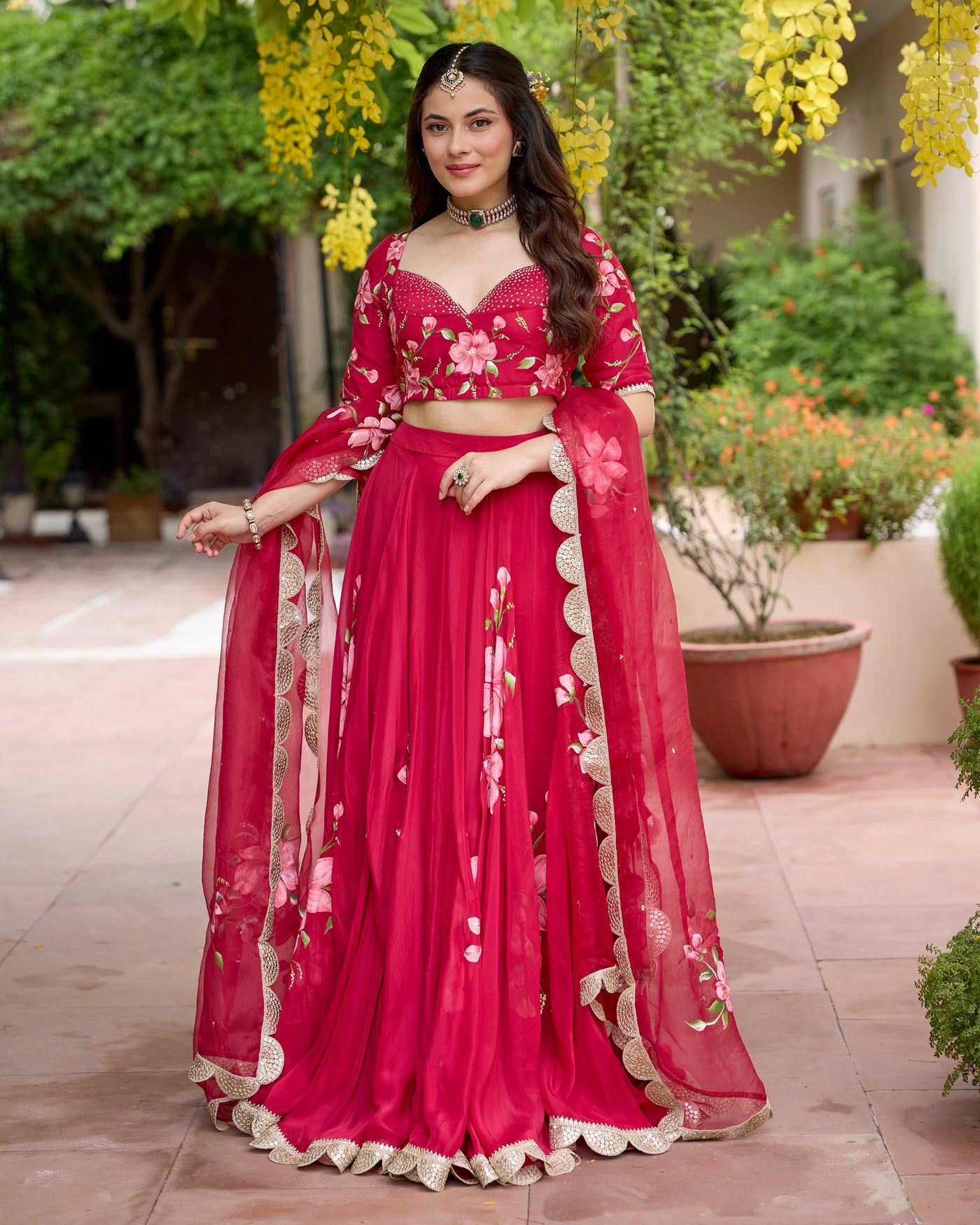 Gudhal Red Handpainted Crepe Lehenga Set
