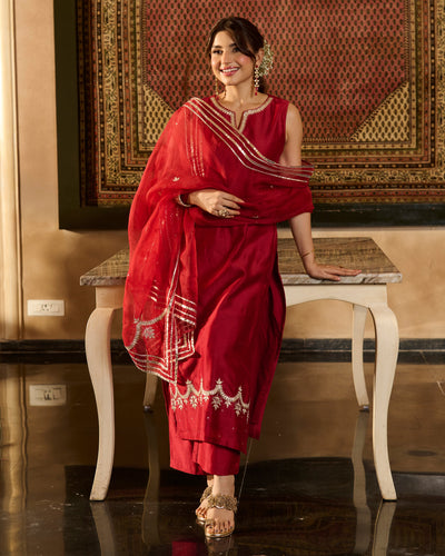 Jugni Maroon Solid Chanderi Suit Set
