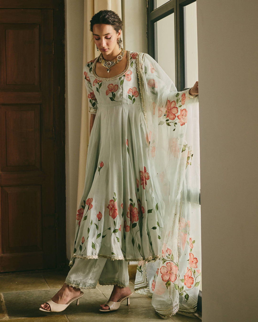 Varaz Blue Handpainted Viscose Organza Suit Set