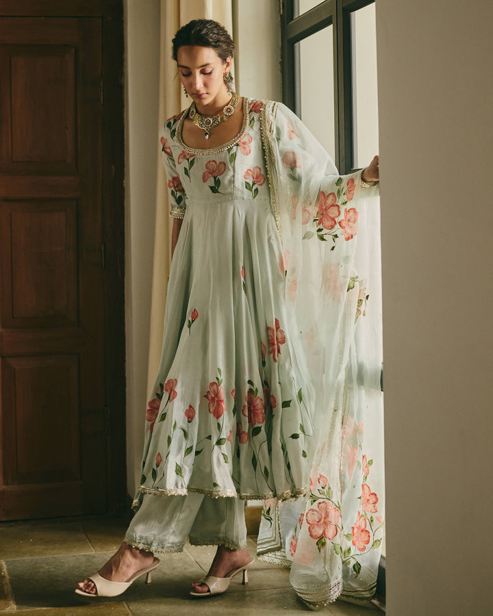 Varaz Blue Handpainted Viscose Organza Suit Set