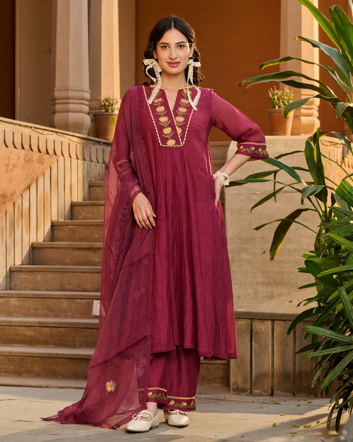 Jugal Wine Embroidered Chanderi Suit Set