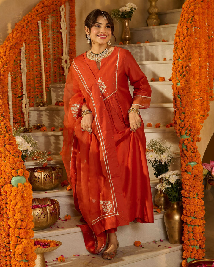 Prakash Rust Orange Solid Chanderi Suit Set