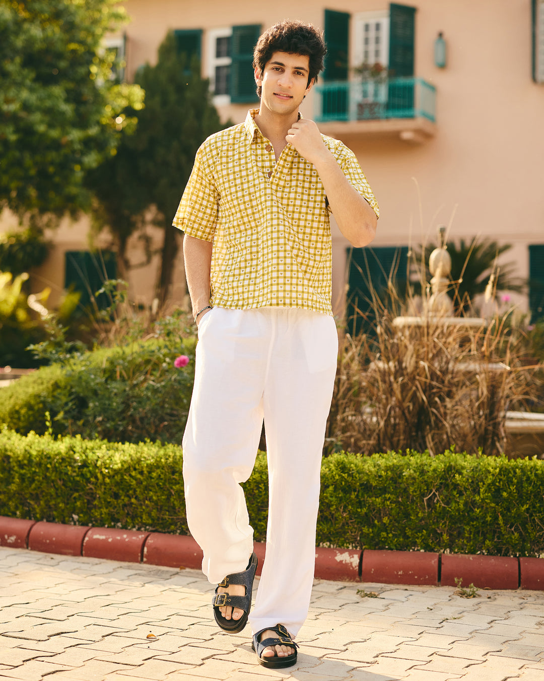 Jor Olive Cotton Checks Printed Shirt