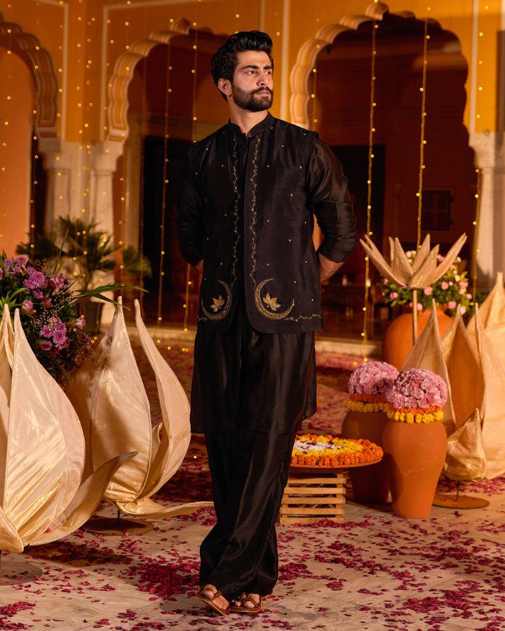 Ratan Black Chanderi Embroidered Jacket And Kurta Set