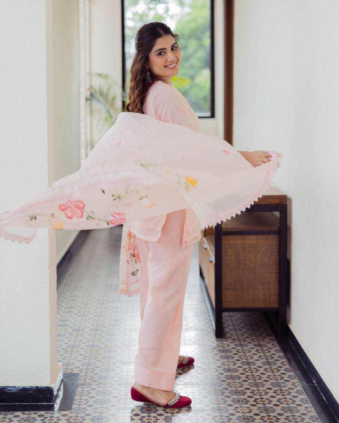 Milky Peach Handpainted Chanderi Suit Set